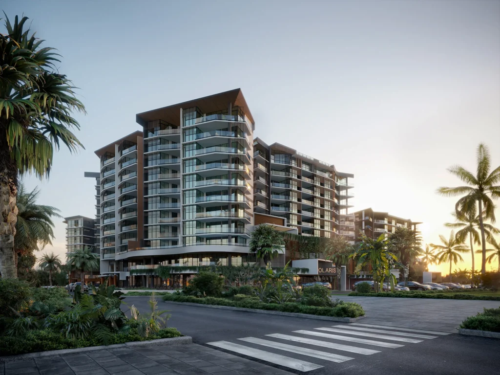 3D architectural rendering of modern residential complex in Australia surrounded by palm trees at sunset
