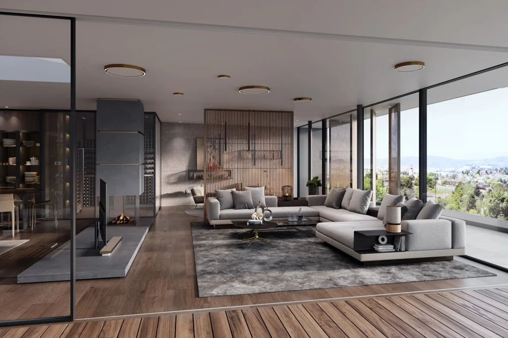 Contemporary living room with expansive glazing, soft daylight on gray sectional, wood floors, and minimalist details overlooking cityscape.