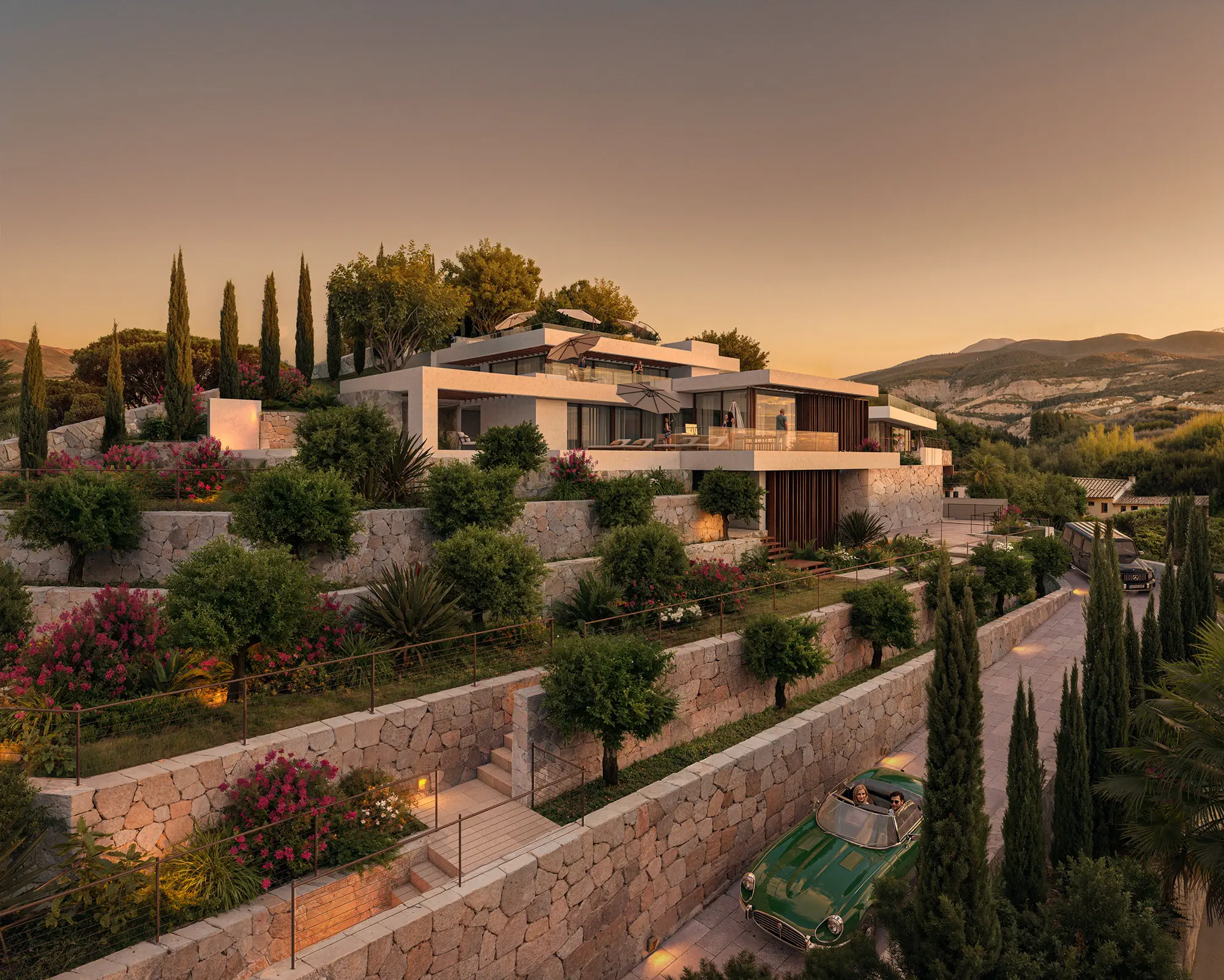 Luxury modern villa on Ibiza hillside surrounded by lush gardens at sunset, realistic 3D rendering by Render Vision